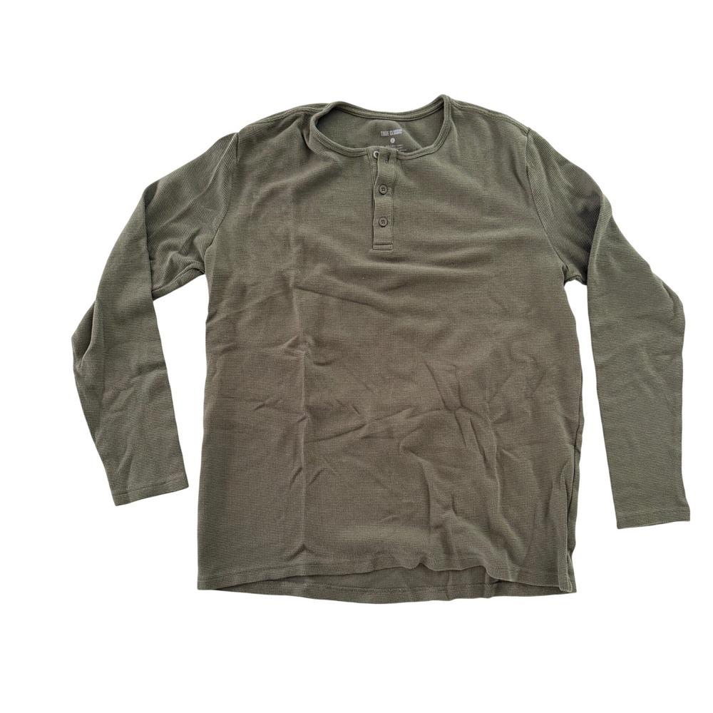 True Classic Mens Long Sleeve Waffle Knit Henley Shirt Olive Green Large Cotton